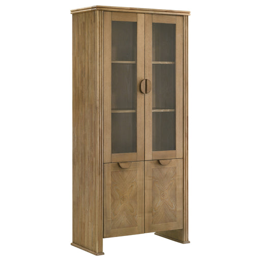 Tall 77-inch distressed light brown display cabinet by CoasterEveryday, showcasing glass doors and wooden shelves in a modern furniture style.