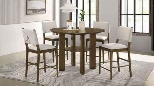 CoasterEveryday Ottawa 5-piece round counter height dining room set with brown wooden table and matching chairs
