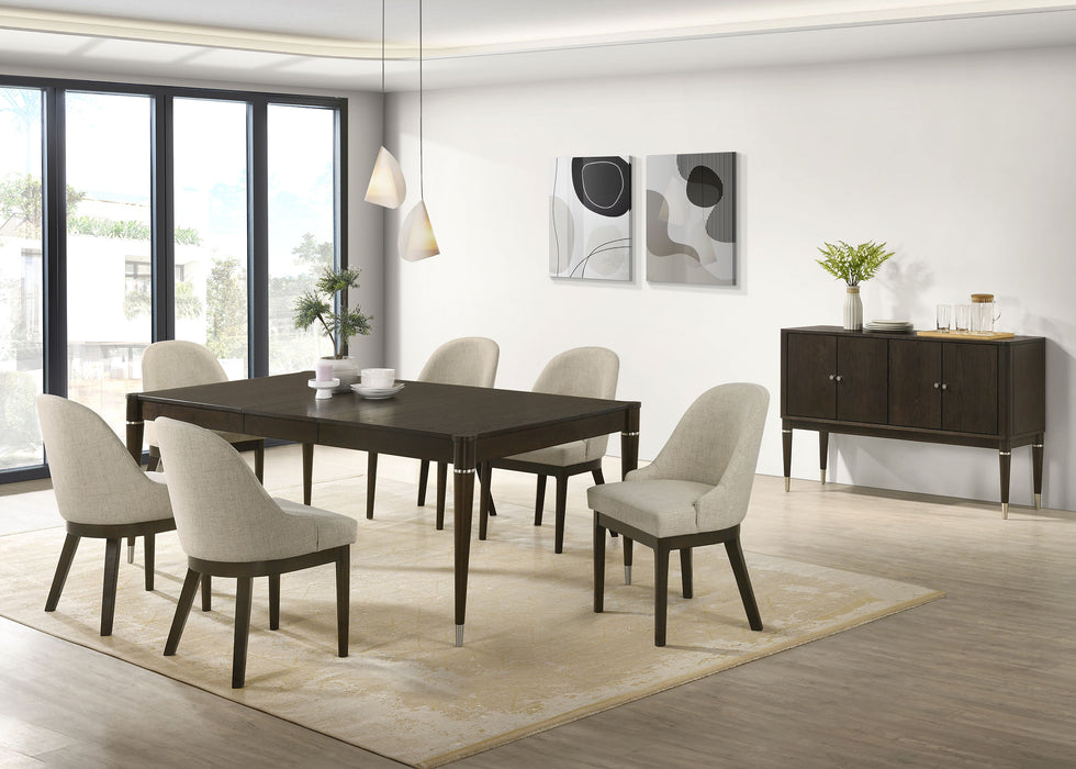 Ash brown Reseda 81-inch extension leaf dining table by CoasterEveryday, showcasing the wood grain and extendable design.