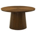 CoasterEveryday Galindo 52-inch round walnut veneer dining table with a smooth wooden surface and sturdy base.