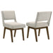 Set of two light grey upholstered dining side chairs with wooden legs, stylish and comfortable CoasterEveryday furniture.