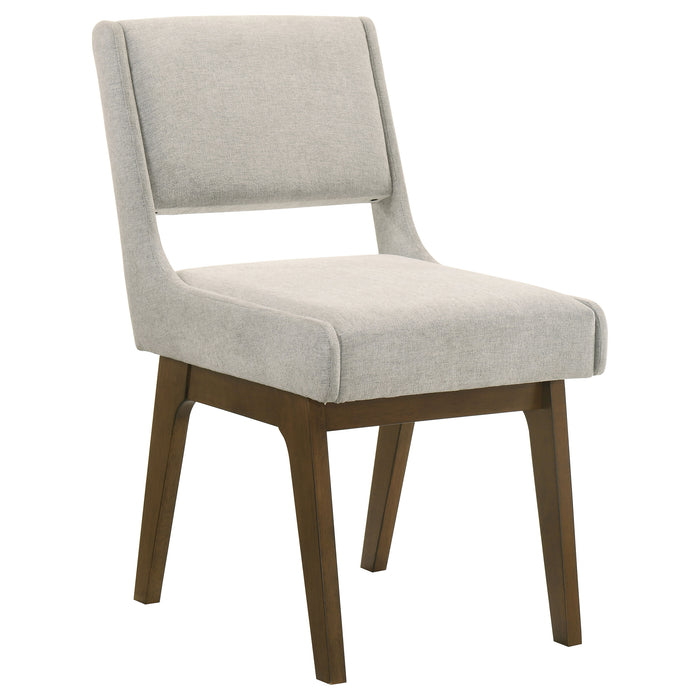 Pair of Galindo upholstered dining side chairs in light grey with wooden legs, designed for comfortable seating in modern dining rooms.