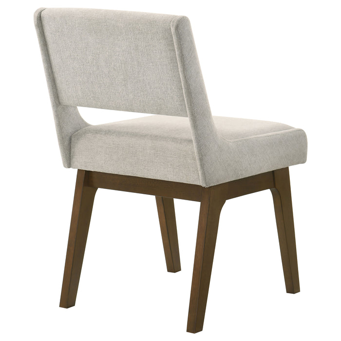 Set of two Galindo upholstered dining side chairs in light grey fabric with wooden legs, modern and comfortable for dining rooms.