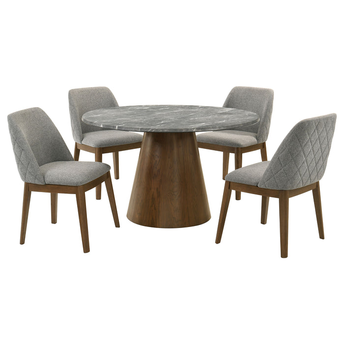 CoasterEveryday Franklin 5-piece 50-inch round SmartTop™ dining set with grey and dark brown finish, includes table and chairs.