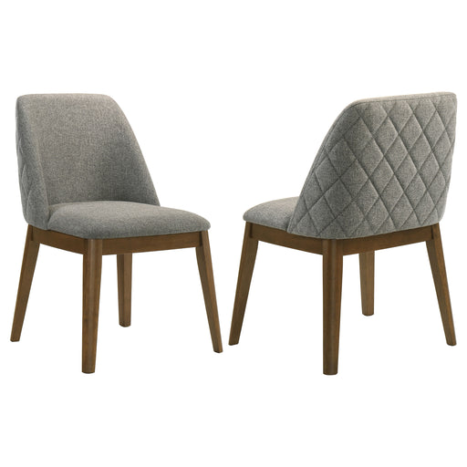 Pair of grey upholstered Franklin dining side chairs by CoasterEveryday, featuring cushioned seats and wooden legs.