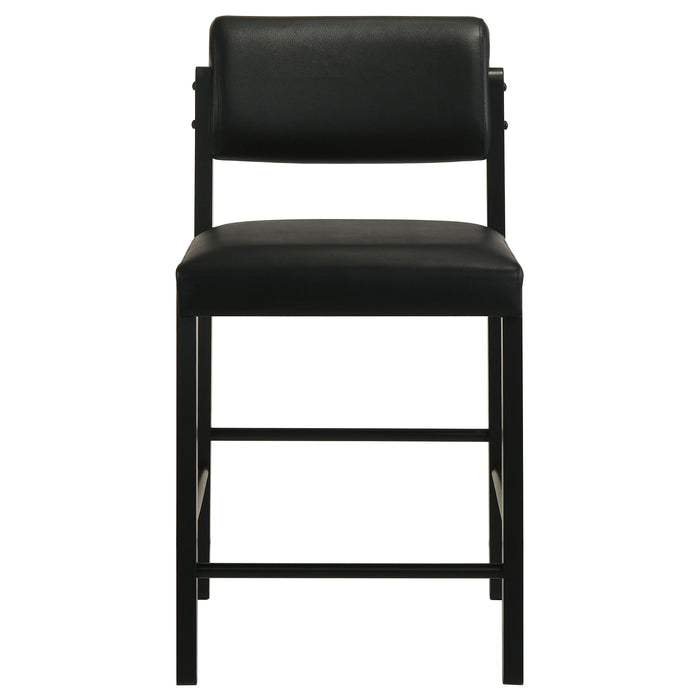 Pair of black CoasterEveryday Kehoe upholstered counter height chairs with padded seats and backrests, set of two, in a modern furniture style.