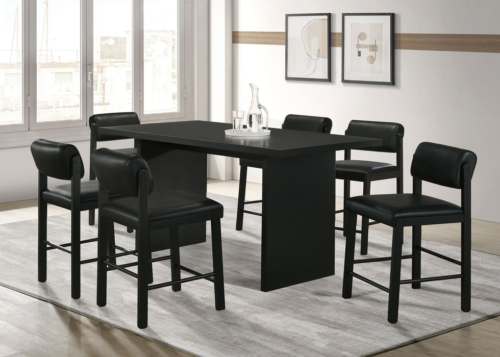 Set of two black Kehoe upholstered counter height chairs by CoasterEveryday with padded seats and sleek wooden legs.