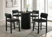 Pair of black Kehoe upholstered counter height chairs with padded seats and wooden legs, ideal for kitchen or bar area.