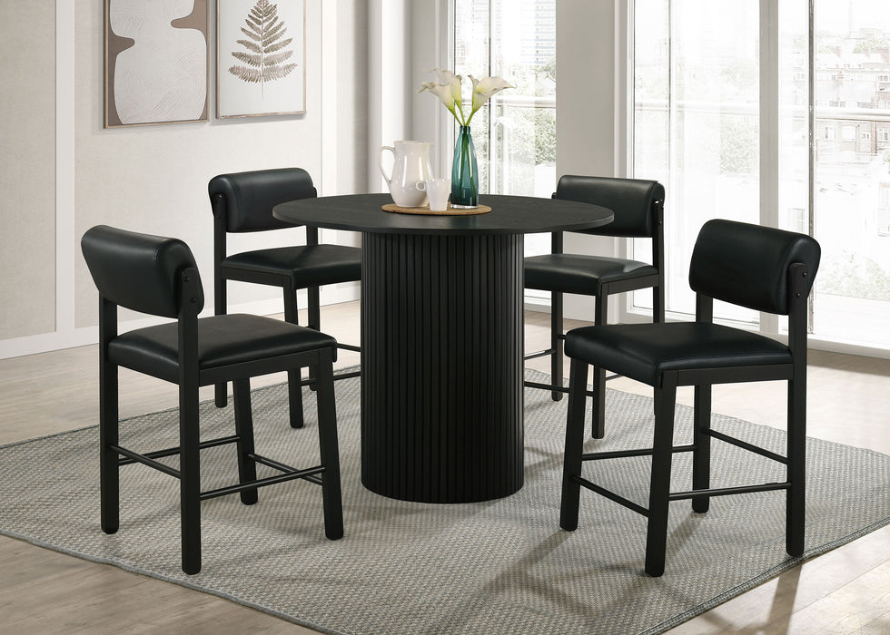 Pair of black Kehoe upholstered counter height chairs with padded seats and wooden legs, ideal for kitchen or bar area.