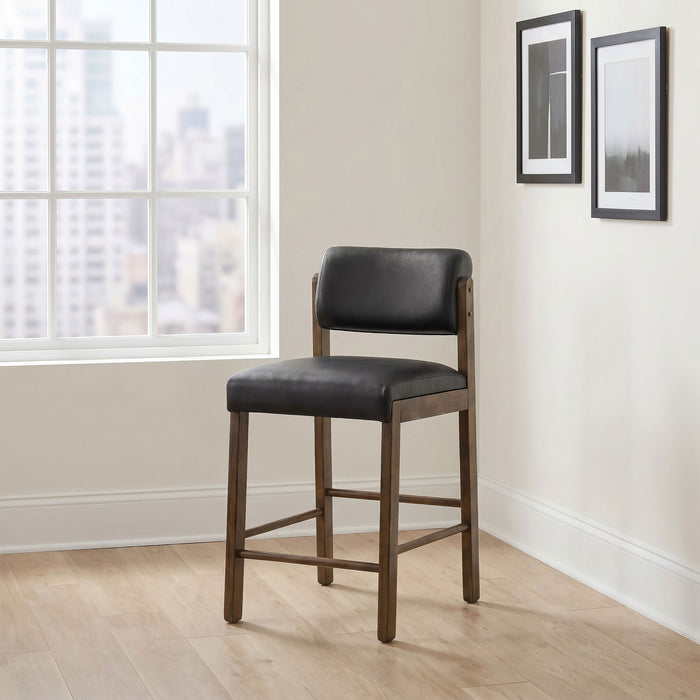 Pair of CoasterEveryday black and walnut upholstered counter height chairs with sleek design, set of 2, for modern kitchen or bar area.