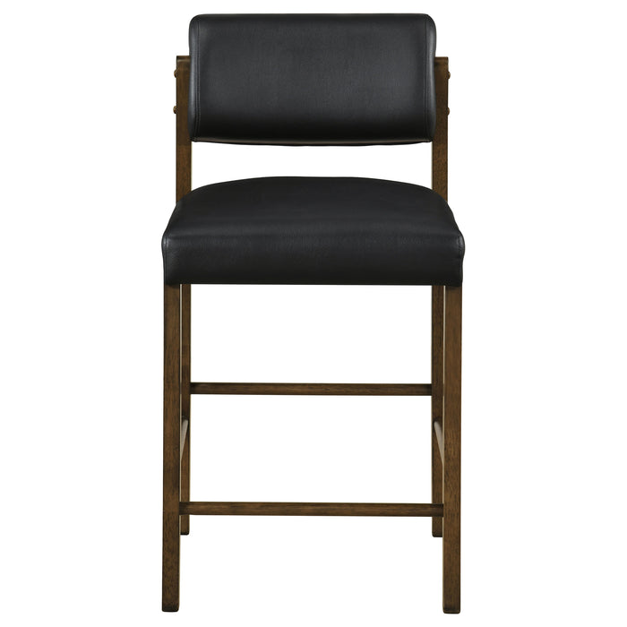 Set of two CoasterEveryday black and walnut upholstered counter height chairs with wooden legs and padded seats.