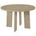 Round wood dining table in natural oak finish with smooth surface and sturdy legs, ideal for kitchen or dining room furniture.