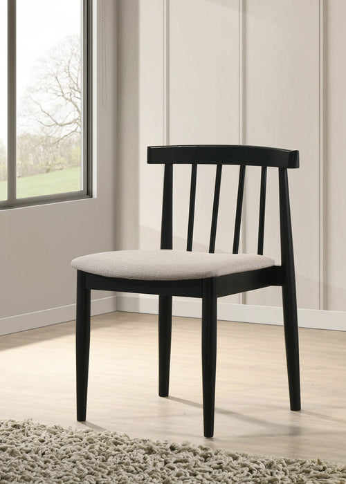 Set of two CoasterEveryday Cullen dining side chairs with upholstered black seats and sleek black legs for modern kitchen or dining room.