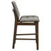 Set of two Redbridge upholstered counter chairs by CoasterEveryday with grey fabric seats and walnut wood legs.