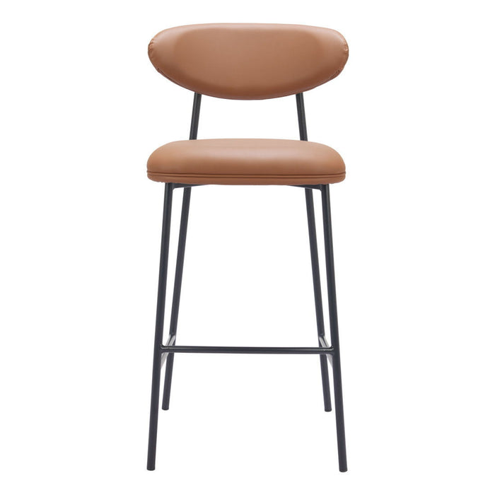 Set of two 29-inch faux leather and steel low back bar chairs in brown and black, perfect for home bar or counter seating.