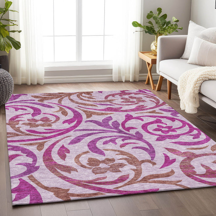 10' X 14' Floral Washable Area Rug With UV Protection - Lavender And Ivory