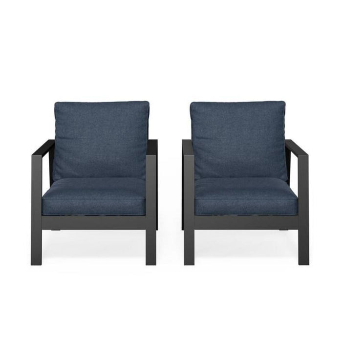 Set of two Giga all-weather ergonomic patio armchairs with thick cushions, ideal for outdoor seating and comfort.