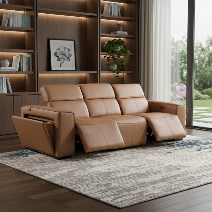 Top Grain Leather Reclining Metal USB Sofa (720387) - Chestnut
