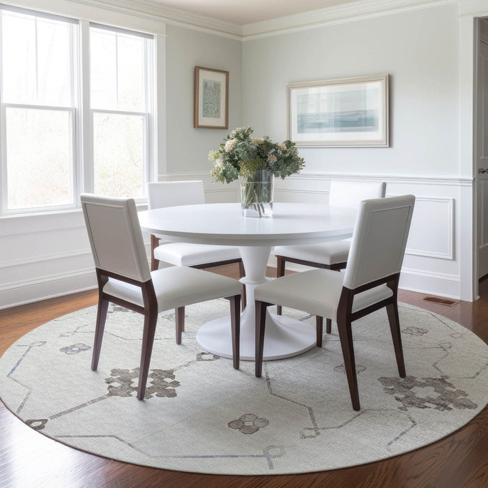 8' Floral Medallion Washable Round Rug With UV Protection - Taupe And Ivory