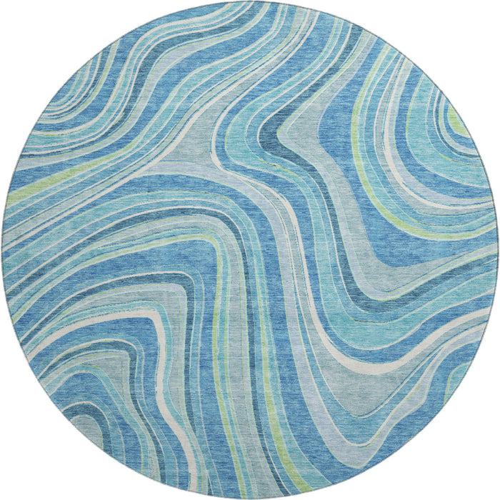 8' Marble Washable Round Rug With UV Protection - Blue