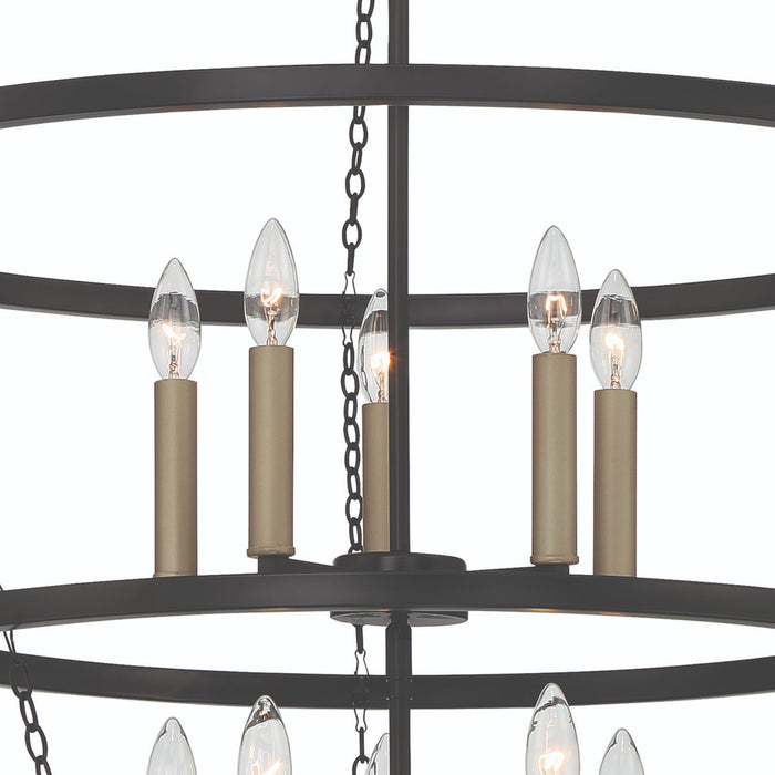 HomeRoots black and gold candle style ten-light metal chandelier with dimmable feature and elegant design.