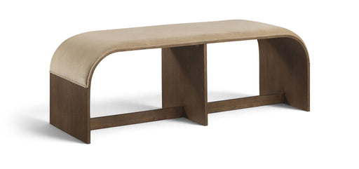Velvet upholstered bench by Meridian Furniture, 52-inch performance fabric with plush cushioning and sleek design.