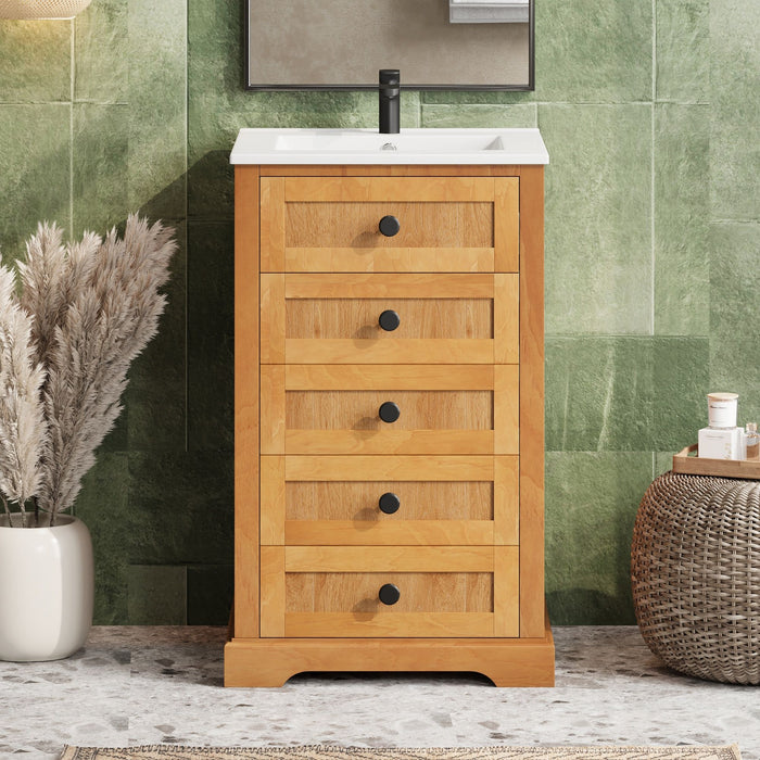 Giga bathroom vanity with integrated sink, natural wood finish, soft-closing door, modern design, and ample storage space