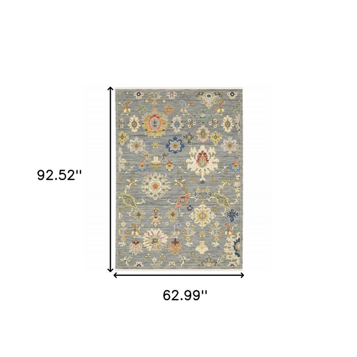 5' x 8' Oriental Power Loom Stain Resistant Area Rug With Fringe - Gray Ivory Gold Salmon Red Blue And Green