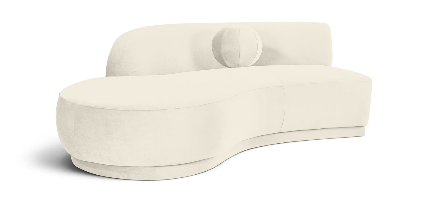 Meridian Furniture Avra 86-inch velvet upholstered stationary sofa with plush cushions and sleek design in a modern living room setting.