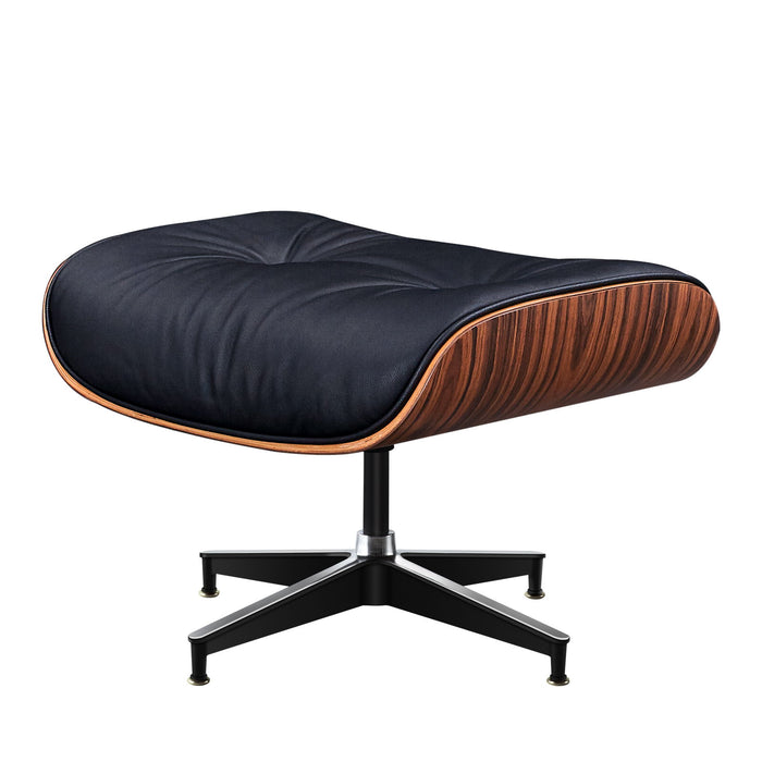 28-inch mid-century leather lounge chair with tufted cushioning and matching ottoman in rosewood finish, by HomeRoots.