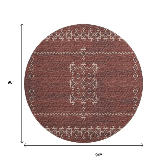 8' Tribal Washable Round Rug With UV Protection (644811) - Burnt Sienna / Ivory / Black