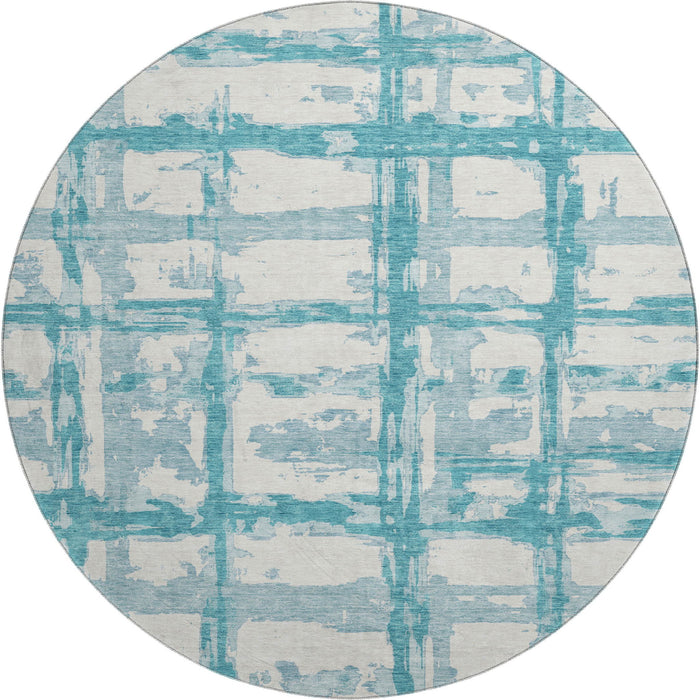 8' Striped Washable Round Rug Polyester With UV Protection - Teal And Ivory