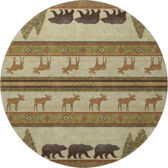 8' Lodge Animal Print Washable Round Rug With UV Protection - Brown
