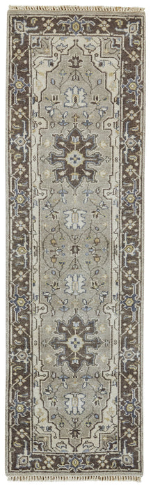 8' Medallion Hand Knotted Runner Rug With Fringe - Beige Blue And Gray