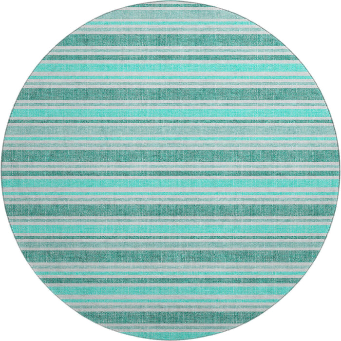 8' Striped Washable Round Rug With UV Protection (647887) - Turquoise / Ivory