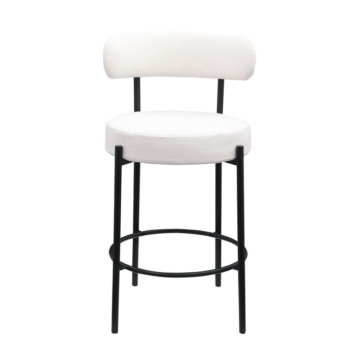 Set of 2 Giga modern Sherpa counter height barstools with brushed brass legs, upholstered seats, low backs, and footrests for dining.