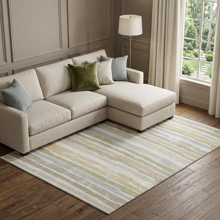 10' X 14' Striped Washable Area Rug With UV Protection (680025) - Ivory / Beige / Taupe