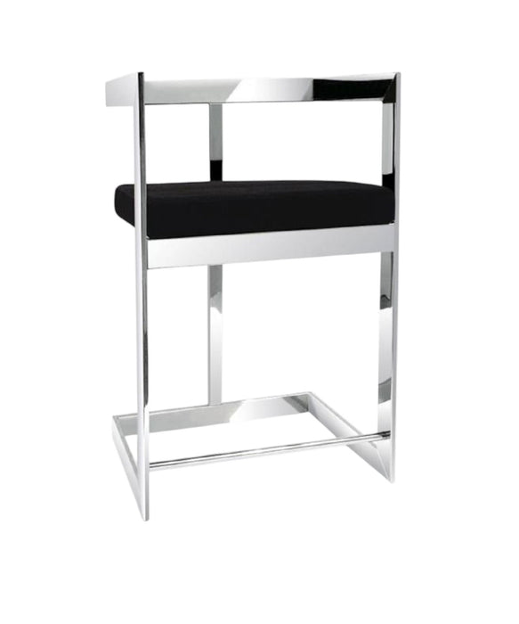 Velvet And Stainless Steel Low Back Bar Height Bar Chair - Black And Silver