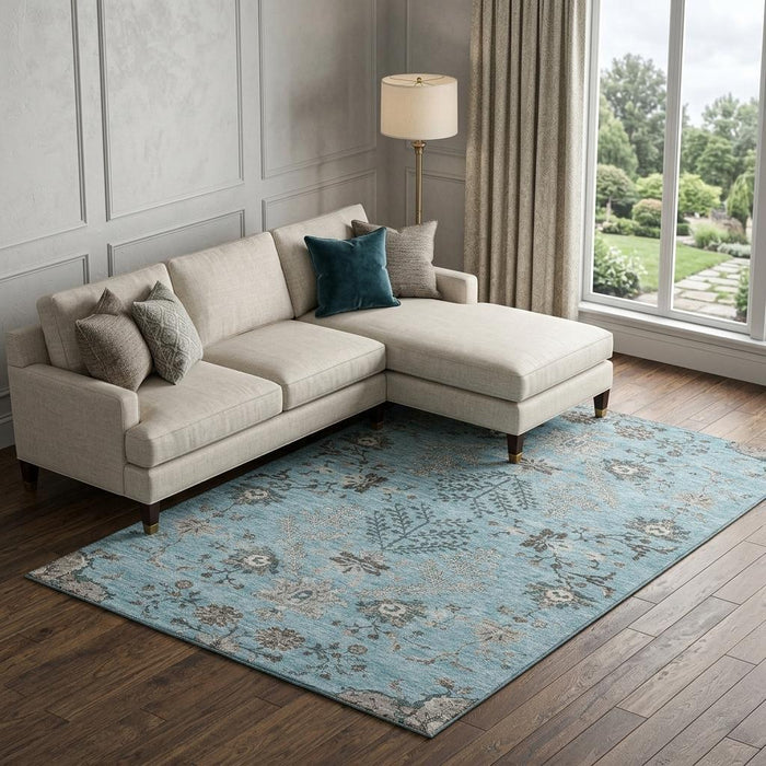 10' X 14' Floral Washable Area Rug With UV Protection (687071) - Sky Blue / Beige / Gray
