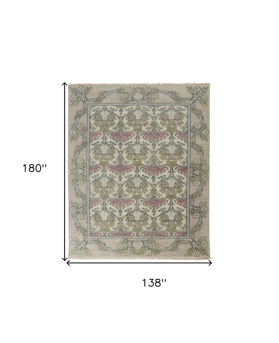 12' x 15' Wool Floral Hand Knotted Area Rug - Ivory Gray And Pink