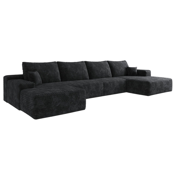 135" 2 Piece Living Room Set Corduroy Modular Compression Foam Sofa With Ottoman Toss Pillows - Black