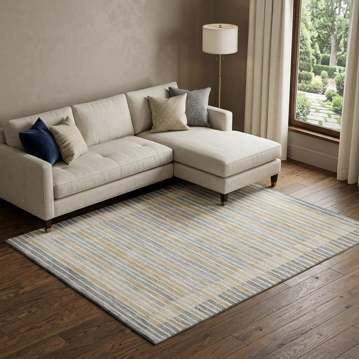 10' X 14' Striped Washable Area Rug With UV Protection (693468) - Gray / Gold / Silver