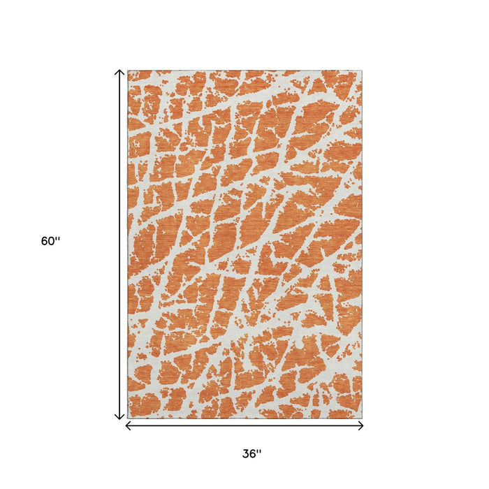 3' X 5' Abstract Washable Area Rug With UV Protection (646561) - Orange / Ivory