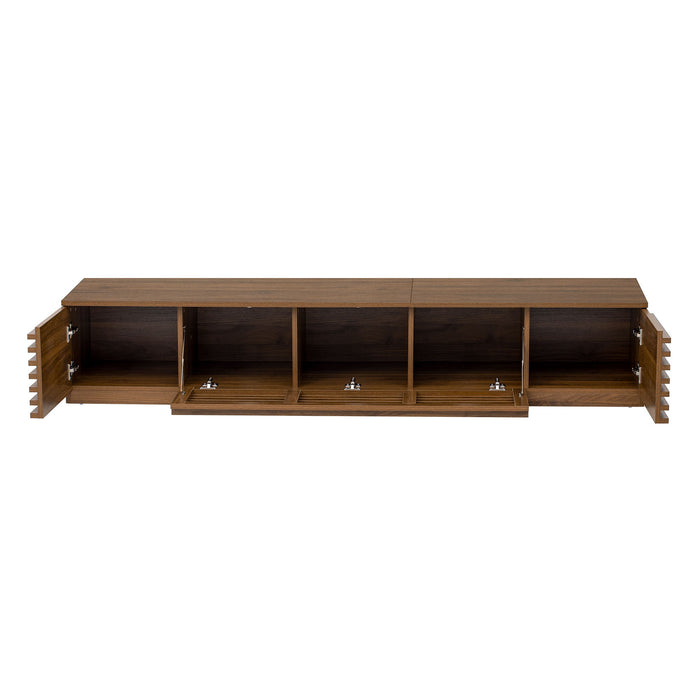 Giga walnut TV stand for TVs with cable management and soft closing hinges, showcasing a modern entertainment center design.