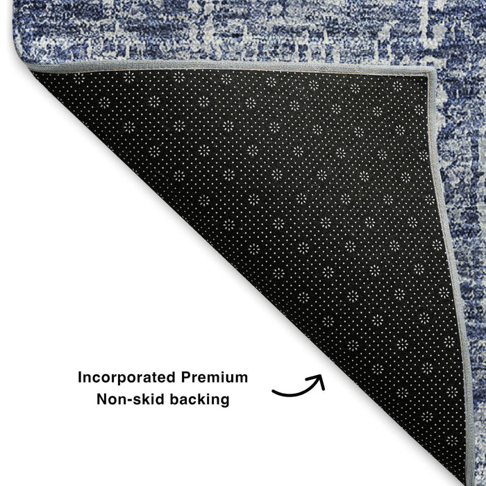 10' X 14' Floral Washable Area Rug With UV Protection (653404) - Navy Blue / Ivory