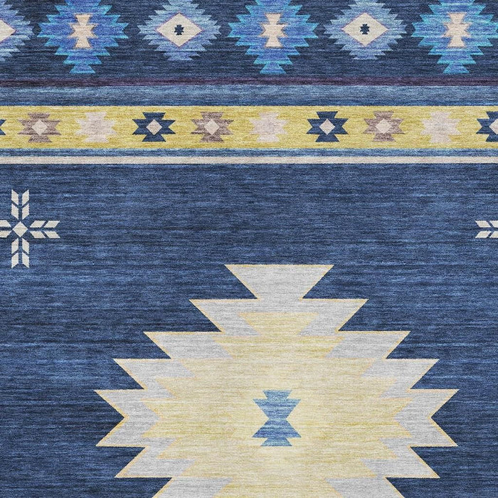 10' X 14' Geometric Washable Area Rug With UV Protection (645684) - Blue / Ivory / Gold