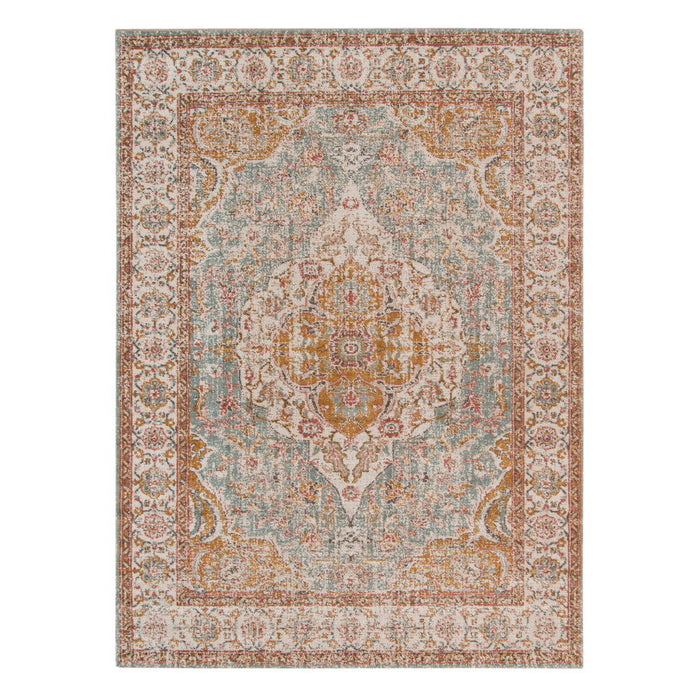 9' x 12' Oriental Power Loom Worn Faded Area Rug - Sea Blue And Orange