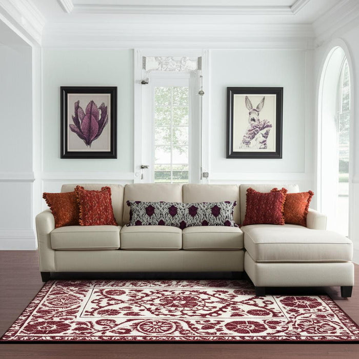 7' X 9' Tribal Washable Area Rug With UV Protection (610072) - Beige / Maroon
