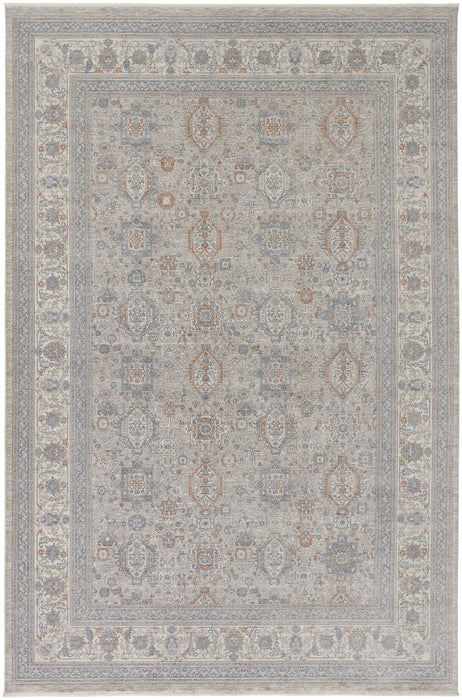 7' x 10' Oriental Power Loom Worn Faded Area Rug With Fringe - Silver Taupe And Blue