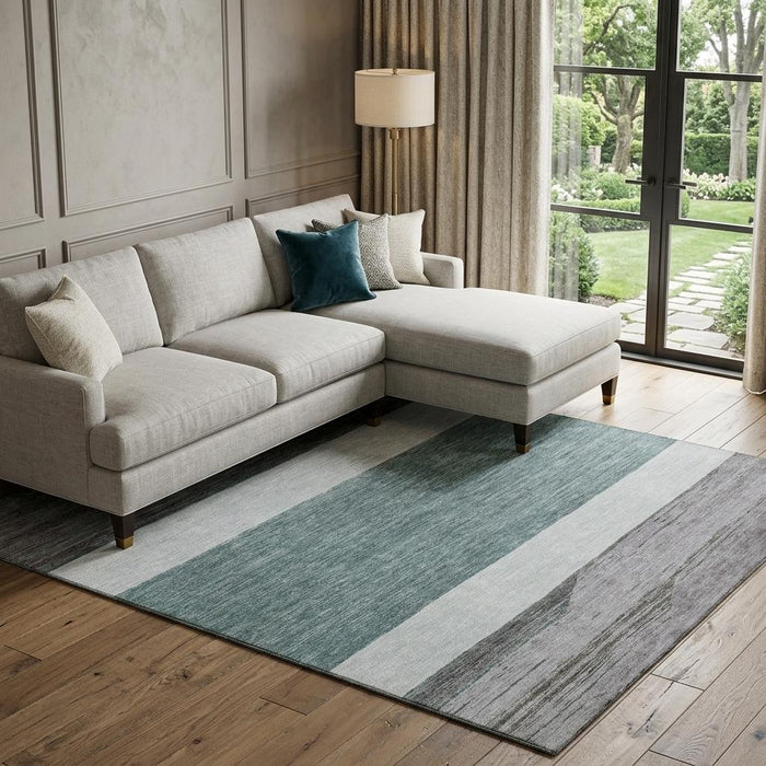 10' X 14' Striped Washable Area Rug With UV Protection (695138) - Teal / Ivory / Gray